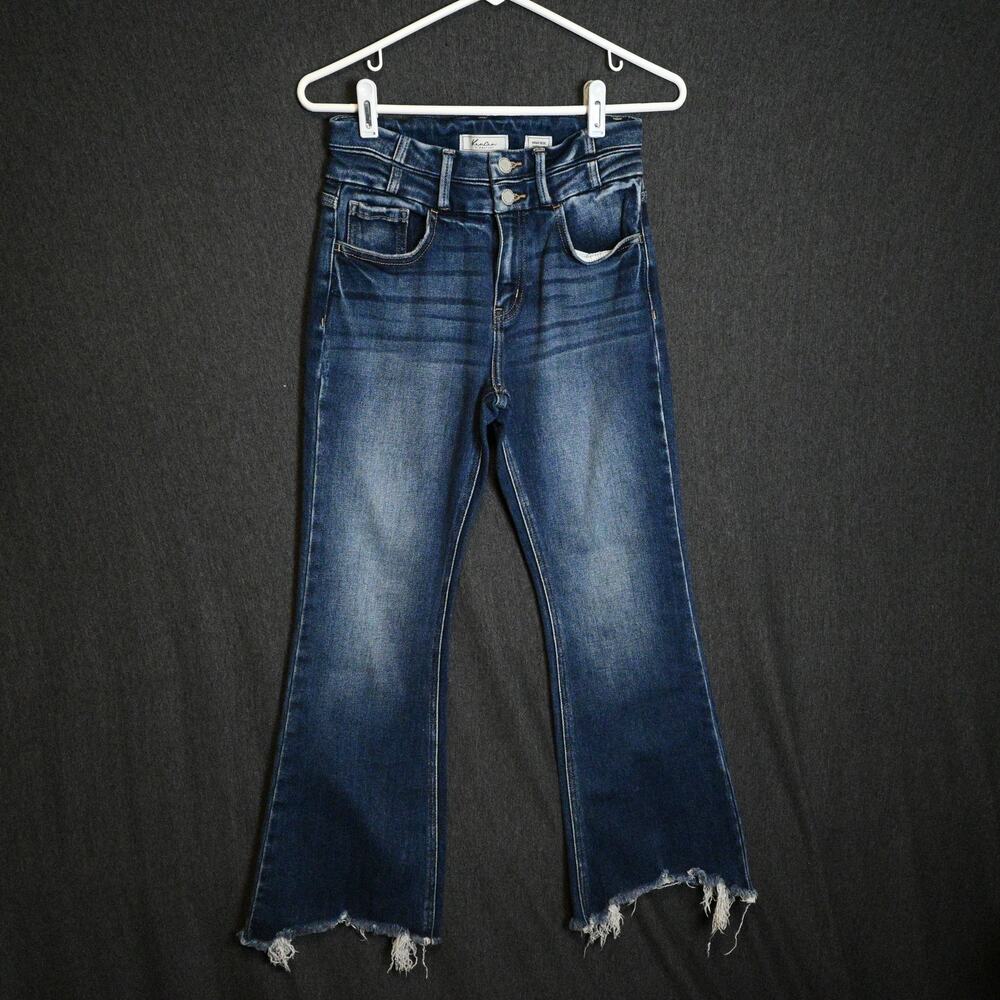 Kancan Women's 26 (25x24) High Rise Flare Distressed Denim Jeans Raw Ankle Hem
